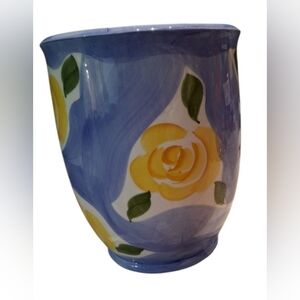 Wamsutta Blue Glaze Ceramic Vase with Yellow Rose Motif